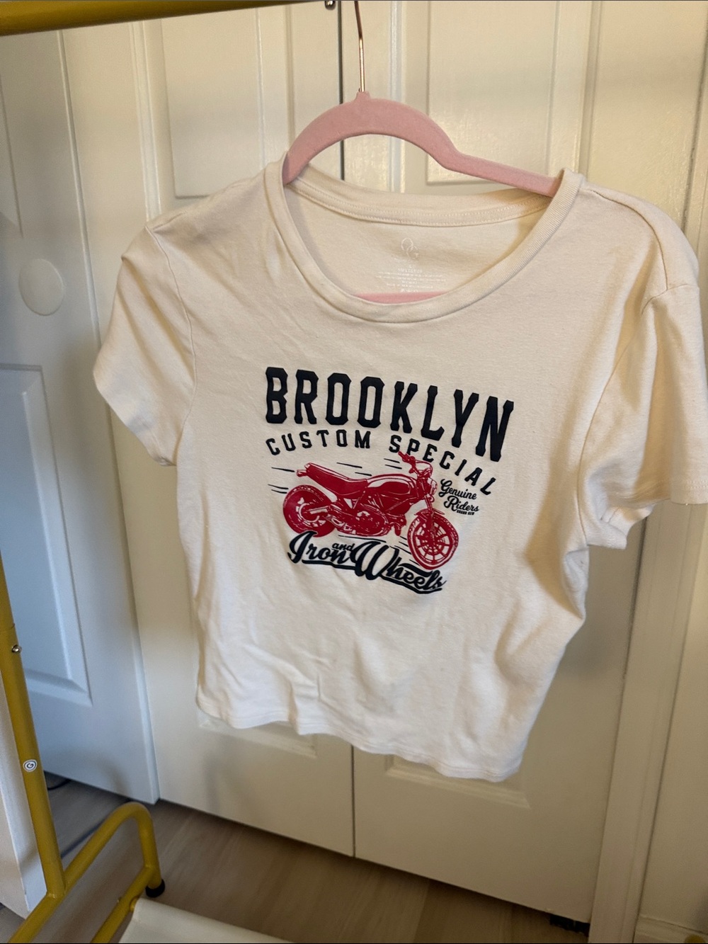 Target White Tee with Red Motorcycle and Navy 'Brooklyn' Text